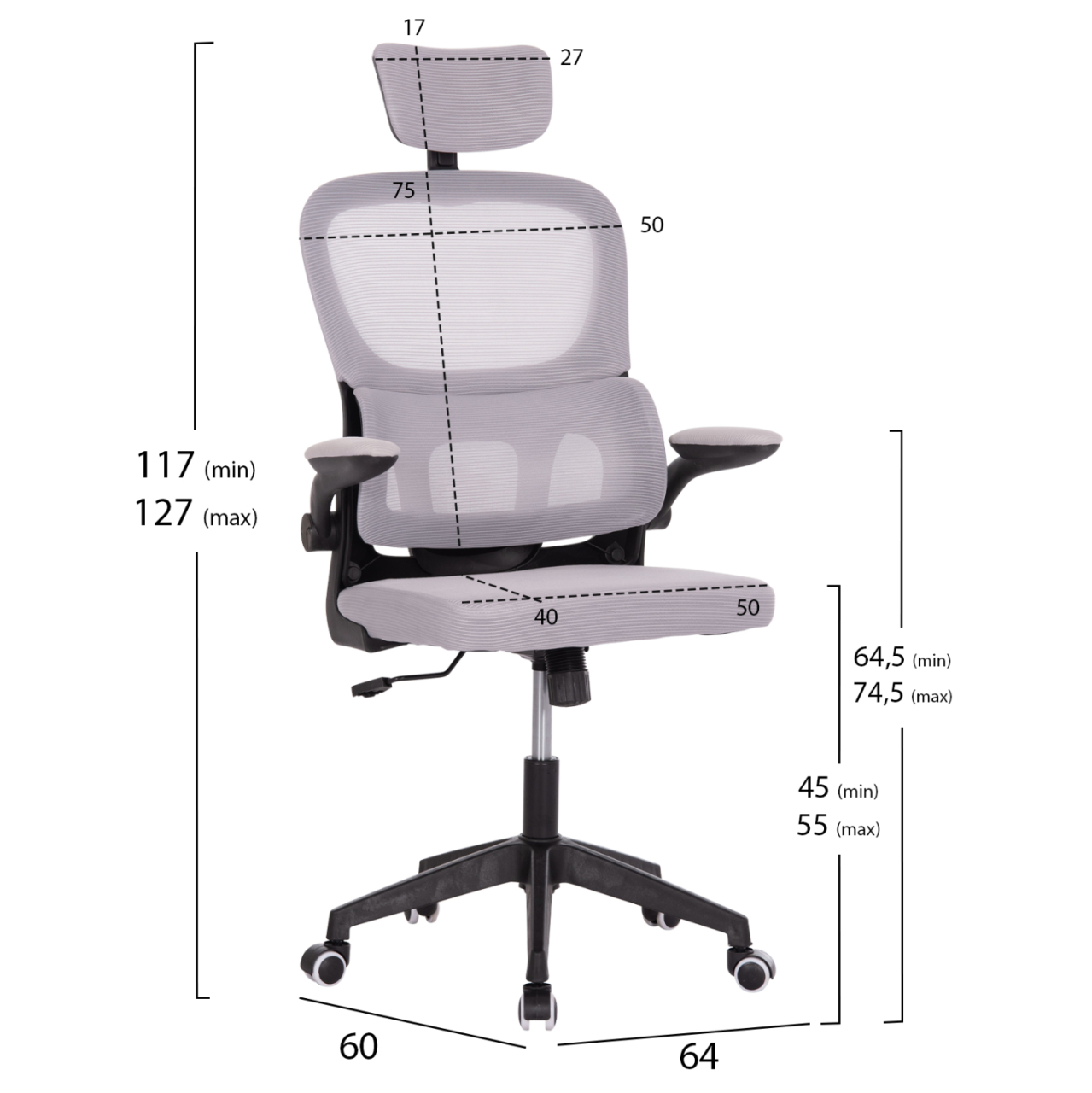 OFFICE CHAIR BASTON HM18236.02 GREY MESH FABRIC and BLACK PP FRAME 64x60x127Hcm. [2]
