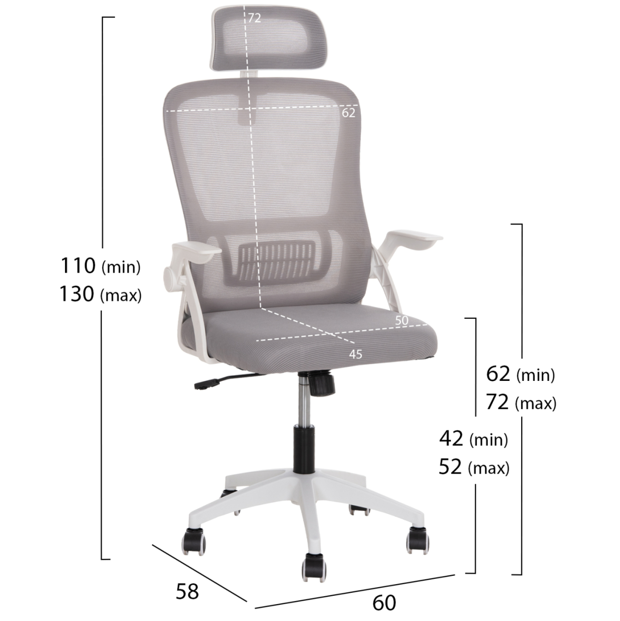 OFFICE CHAIR BLAZER HM1205.02 GREY MESH FABRIC--WHITE ARMS 60x58x110-130Hcm. [2]