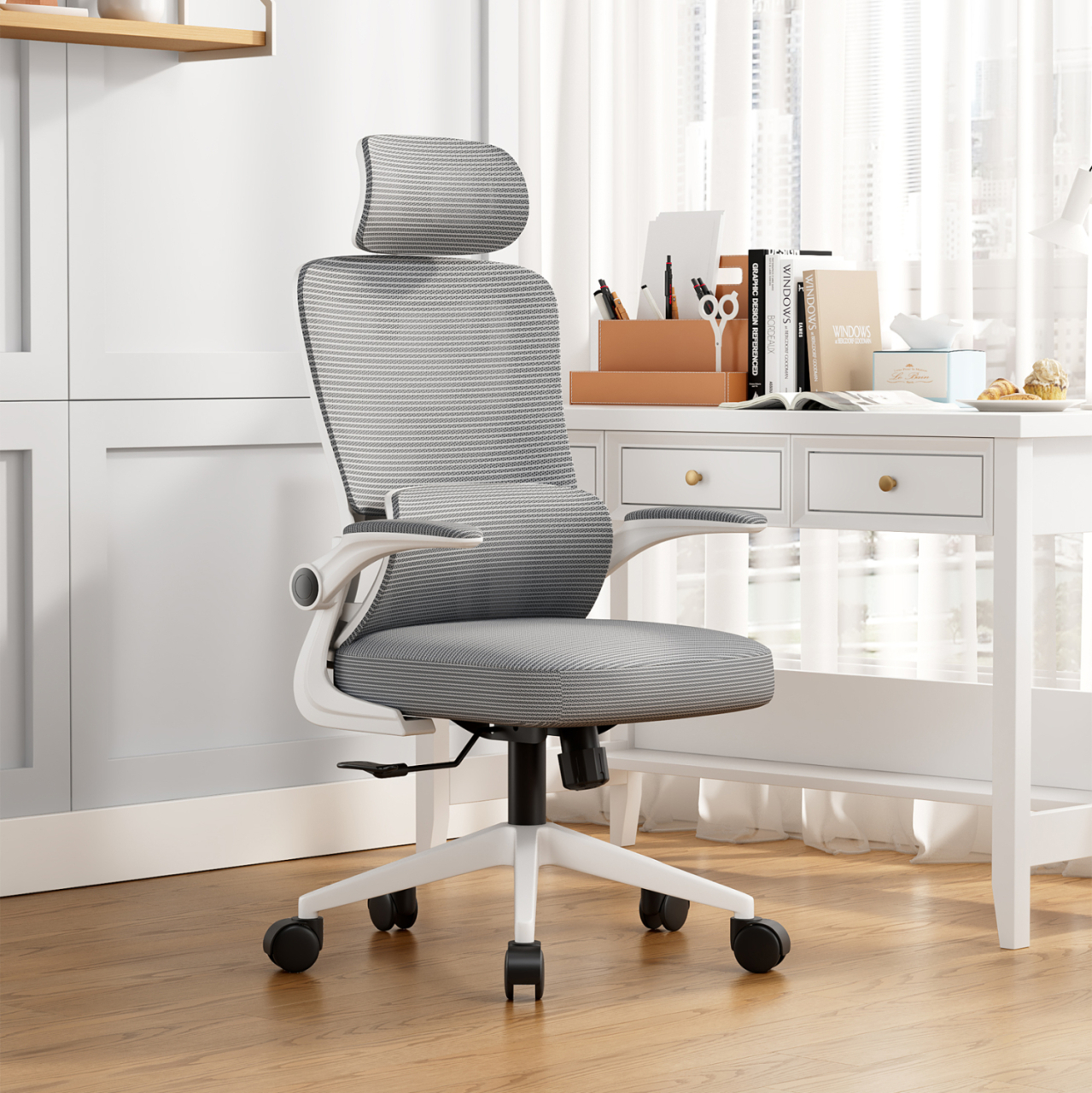 OFFICE CHAIR KESI HM1222.02 LIGHT GREY MESH FABRIC--WHITE PP 52x50x122Hcm. [2]