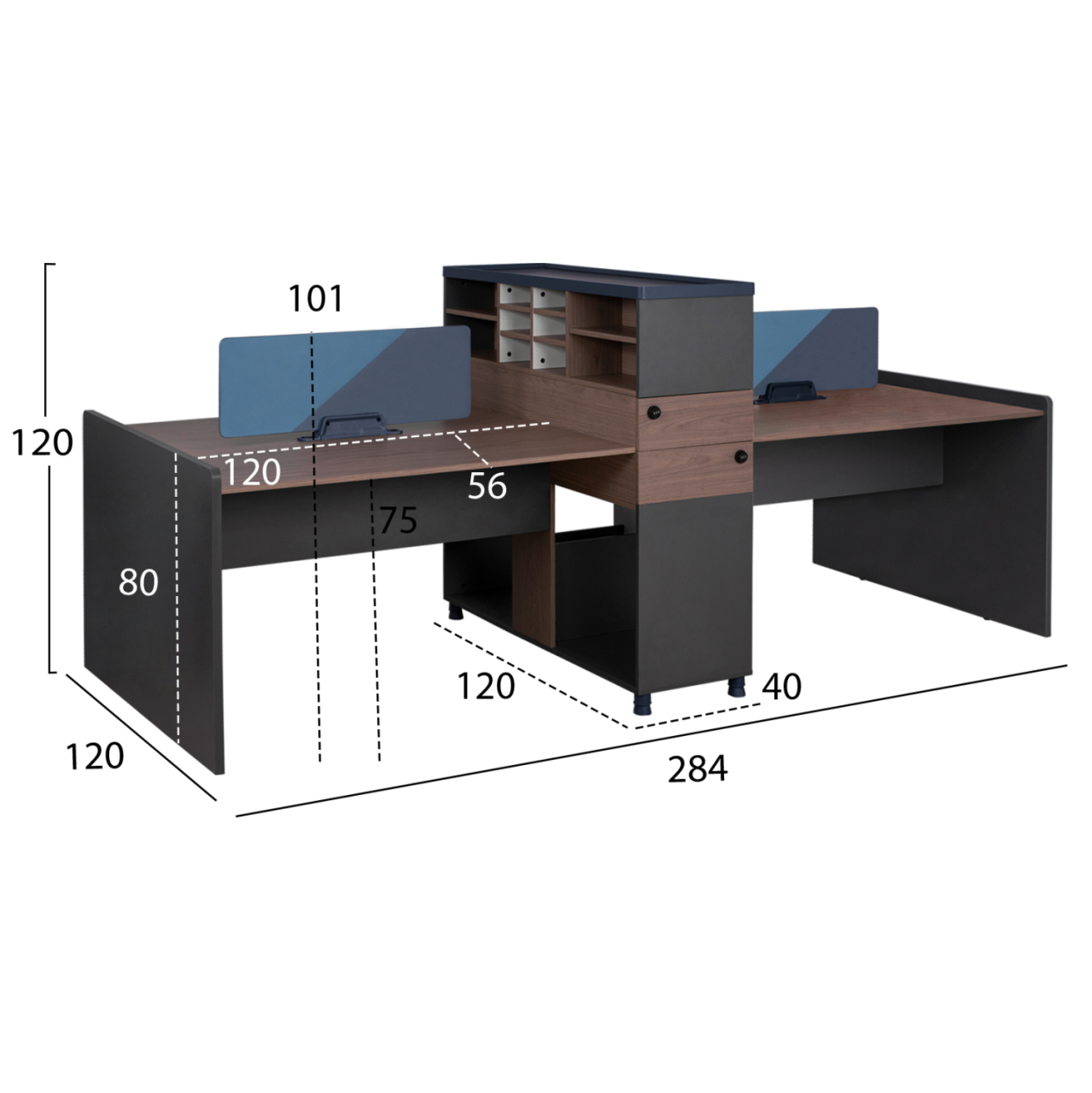 Office Workstation Double Walnut and Grey with partition and cabinets 284x120x120 HM2102 [2]