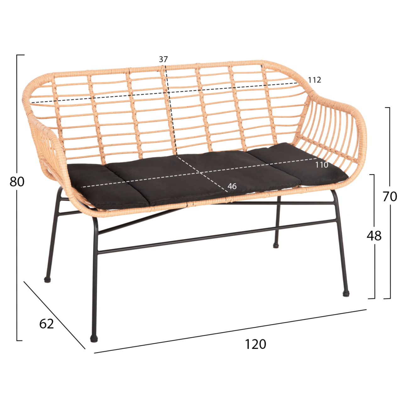 OUTDOOR BENCH WITH ARMS ALLEGRA HM6077 BLACK METAL-P.E. RATTAN IN BEIGE 120x62x80Hcm. [2]