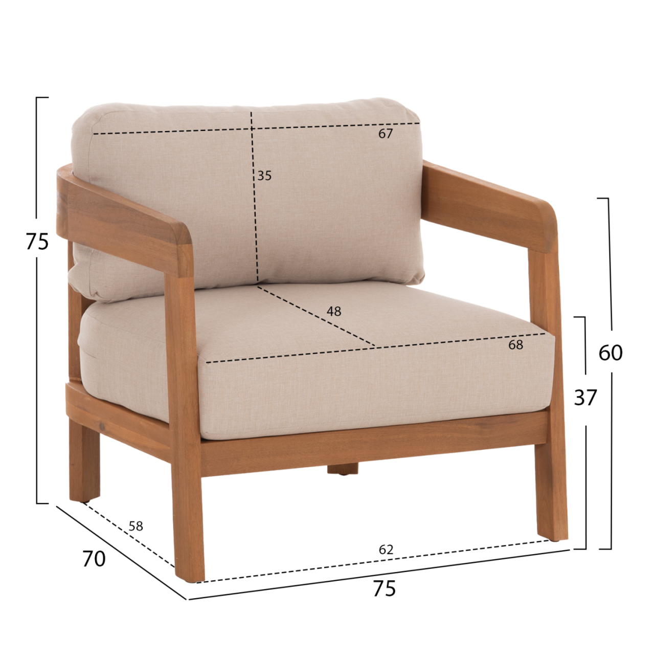 OUTDOOR LOUNGE CHAIR SOLARA HM6513 ACACIA WOOD IN NATURAL--CUSHIONS IN ECRU 75x70x75Hcm. [2]
