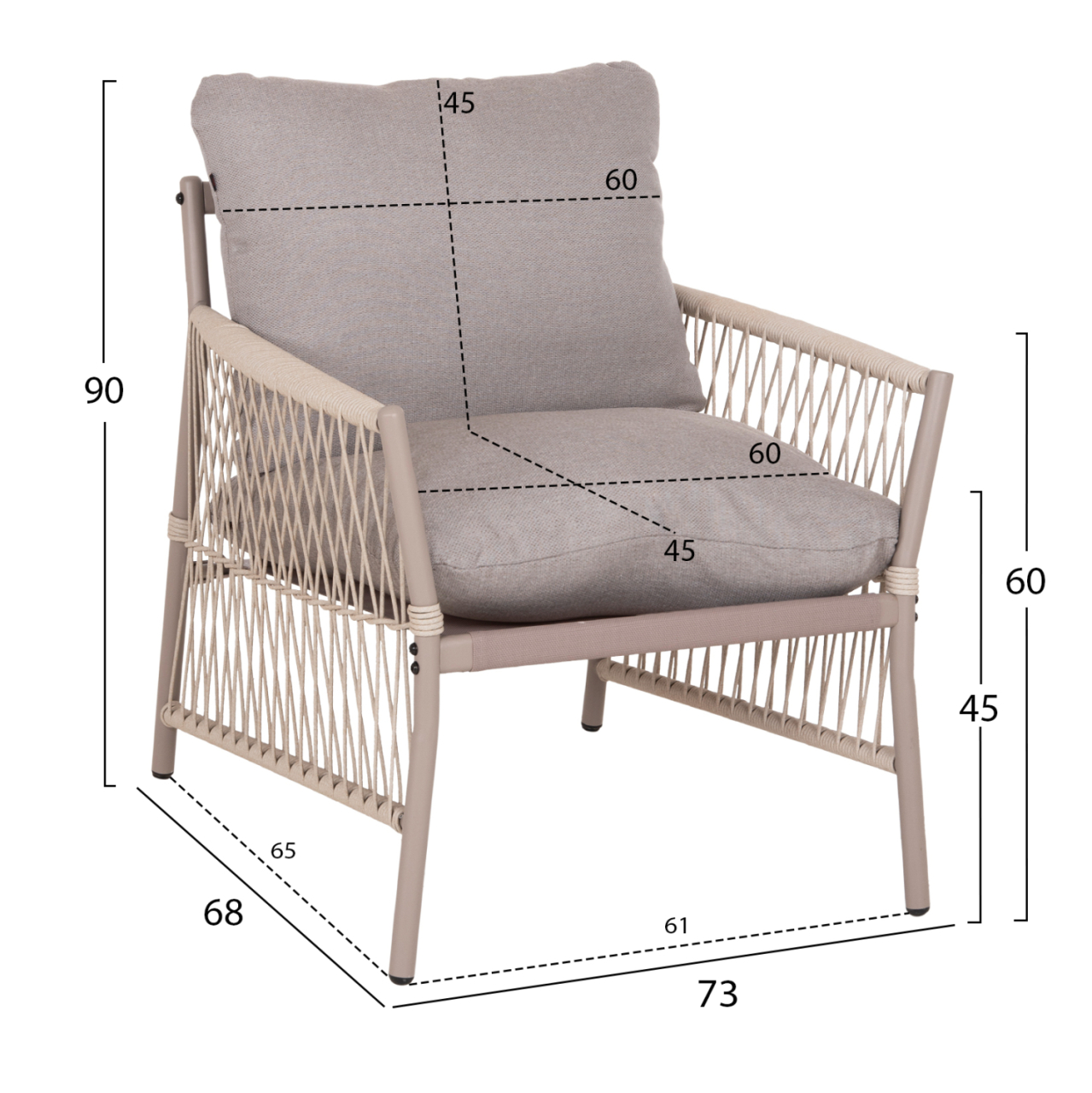 OUTDOOR LOUNGE SET 4-SEAT DEANDRA HM6507.02 CHAMPAGNE COLOR METAL--GREY CUSHIONS [3]