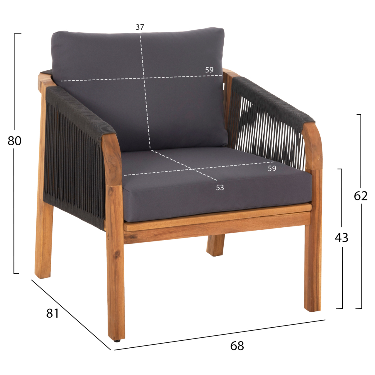 OUTDOOR LOUNGE SET 4PCS ROSSWELL HM6084.01 ACACIA WOOD-ROUND ROPE and CUSHIONS IN ANTHRACITE [3]