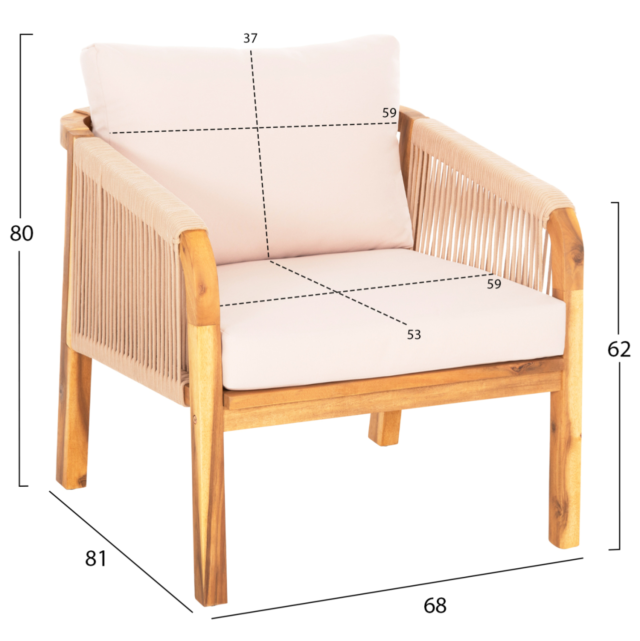 OUTDOOR LOUNGE SET 4PCS ROSSWELL HM6084.02 ACACIA WOOD-ROUND ROPE-BEIGE CUSHIONS [3]