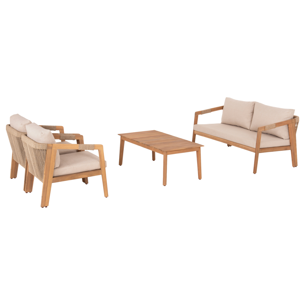 OUTDOOR LOUNGE SET 4PCS SAVANNA HM6442 ACACIA WOOD--ROPE--POLYESTER FABRIC IN BEIGE [6]