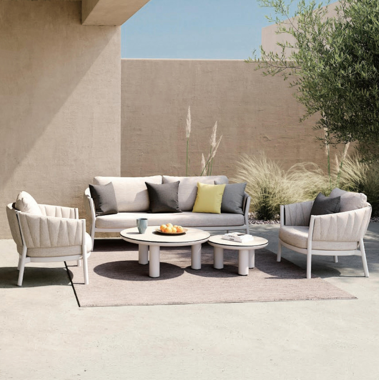 OUTDOOR LOUNGE SET 5PCS SHANKS HM6206.02 CREAM WHITE ALUMINUM-OLEFIN BEIGE FABRIC-3D PRINT GLASS [2]