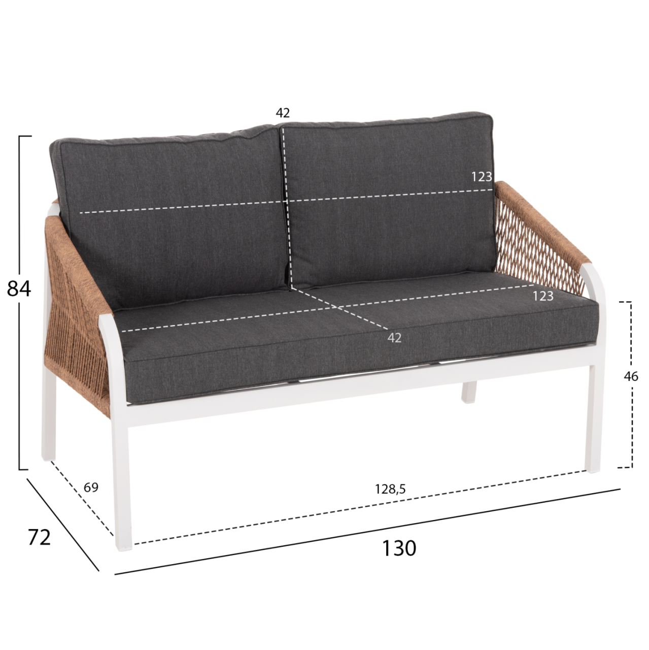 OUTDOOR SOFA 2-SEATER MAERLY HM6116.01 ALUMINUM IN WHITE-DARK BEIGE SYNTHETIC ROPE-ANTHRACITE CUSHIONS [2]