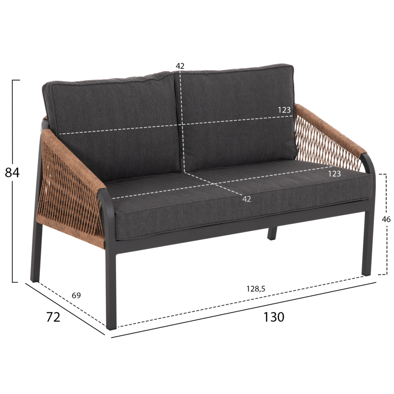 OUTDOOR SOFA 2-SEATER MAERLY HM6116.03 ALUMINUM IN ANTHRACITE-DARK BEIGE SYNTHETIC ROPE-ANTHRACITE CUSHIONS [2]