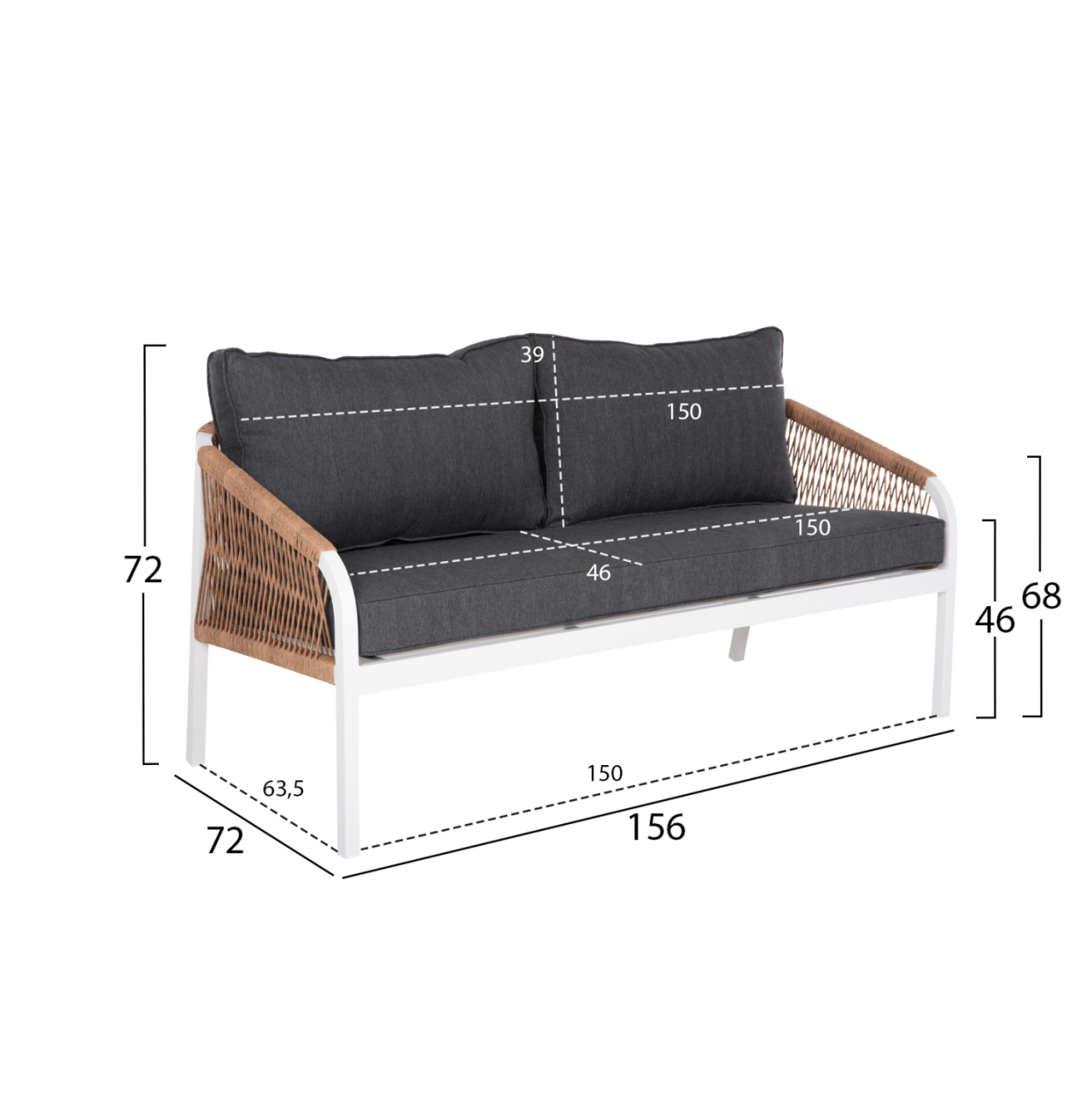 OUTDOOR SOFA 3-SEATER MAERLY HM6055.01 ALUMINUM IN WHITE-DARK BEIGE SYNTHETIC ROPE-ANTHRACITE CUSHIONS [2]