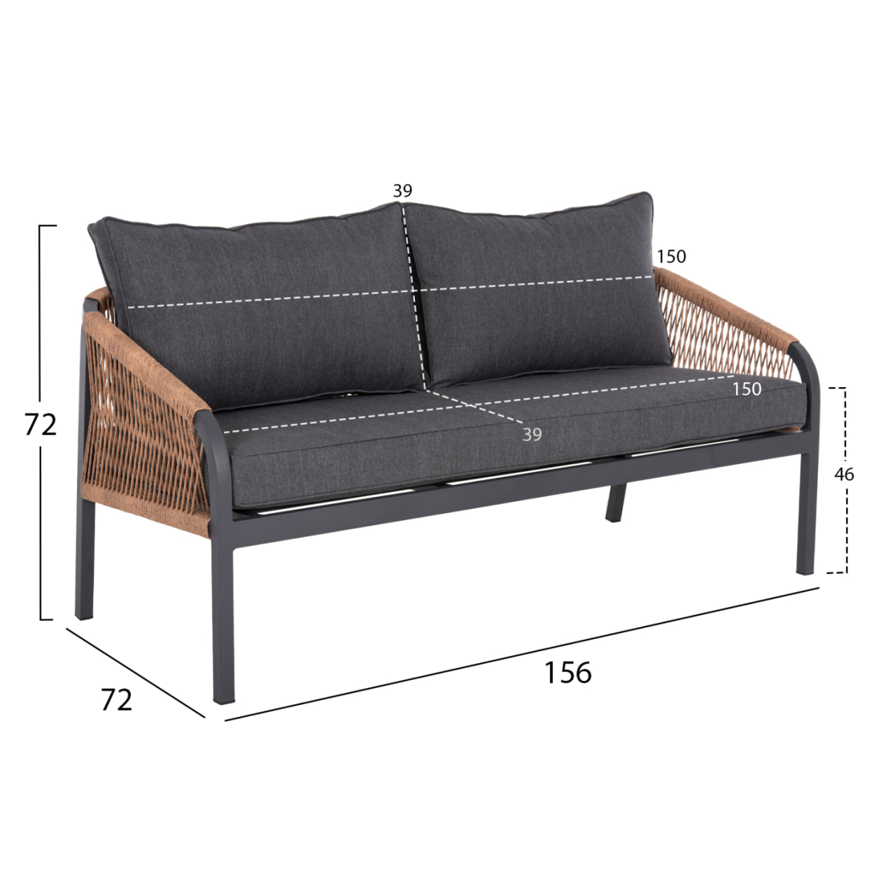 OUTDOOR SOFA 3-SEATER MAERLY HM6055.03 ALUMINUM IN ANTHRACITE-DARK BEIGE SYNTHETIC ROPE-ANTHRACITE CUSHIONS [2]
