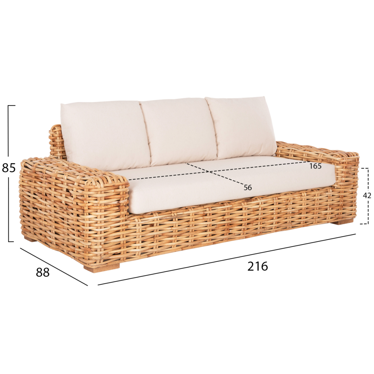 OUTDOOR SOFA 3-SEATER TROPEL HM9808 MANGO WOOD-RATTAN NATURAL COLOR-WHITE CUSHIONS 216x88x70-85Hcm. [2]