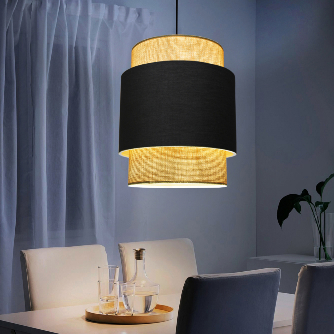 PENDANT CEILING LAMP HM7627.02 TWO-LAYER FABRIC DRUM, METAL FRAME [3]