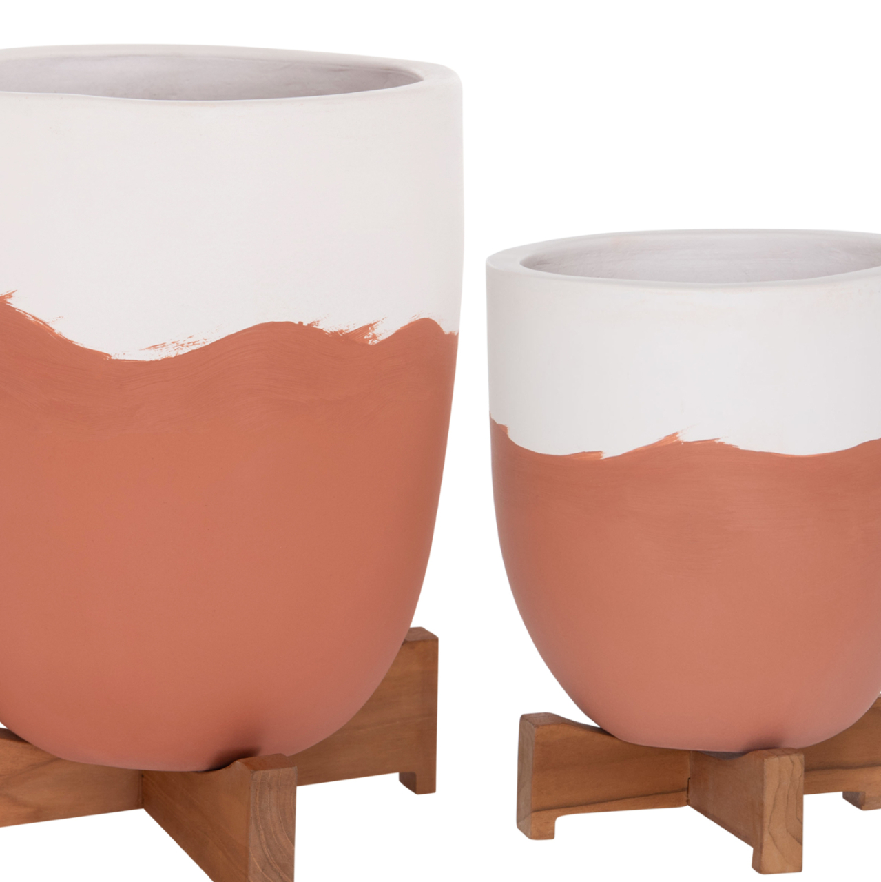 PLANTERS (POTS) 2PCS SET SEON HM4686.08 TERRACOTTA IN WHITE and TERRACOTTA--TEAK STANDS [5]