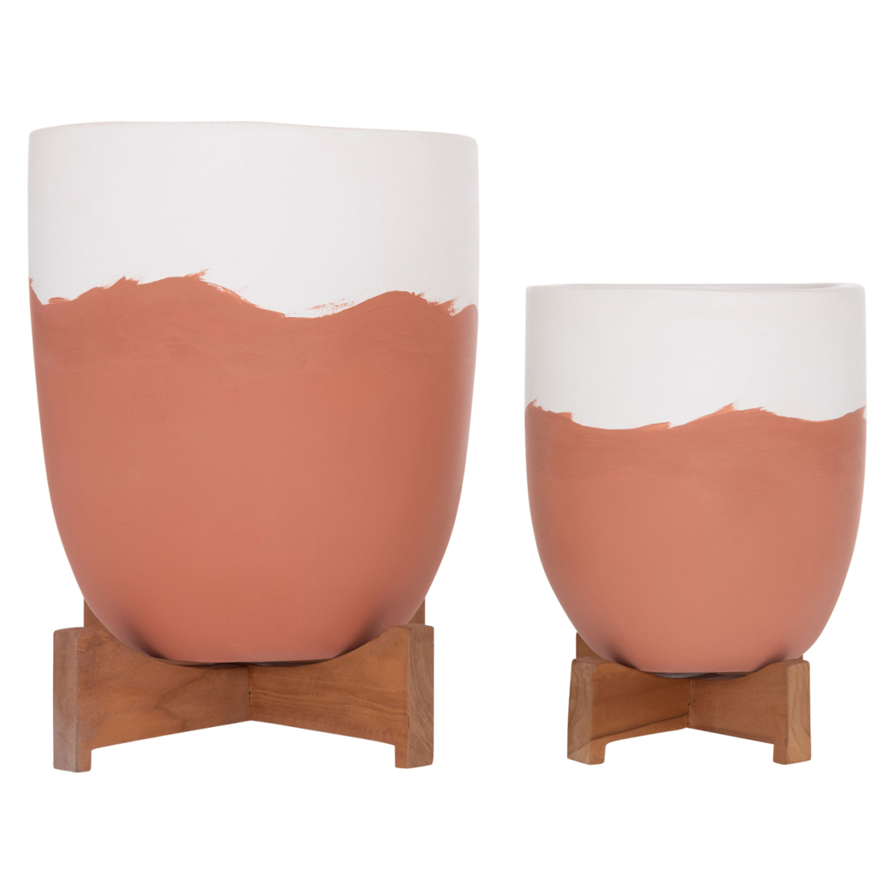 PLANTERS (POTS) 2PCS SET SEON HM4686.08 TERRACOTTA IN WHITE and TERRACOTTA--TEAK STANDS [4]