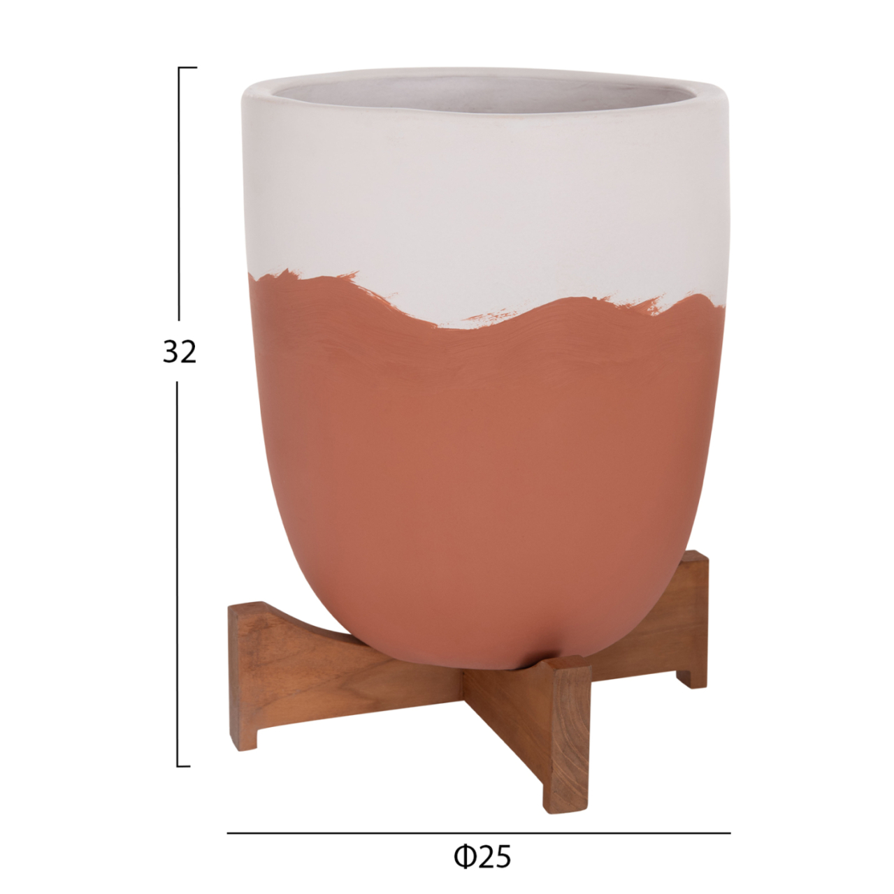 PLANTERS (POTS) 2PCS SET SEON HM4686.08 TERRACOTTA IN WHITE and TERRACOTTA--TEAK STANDS [2]
