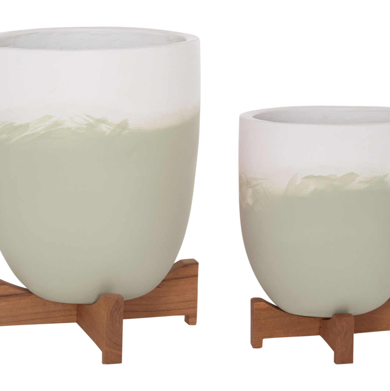 PLANTERS (POTS) 2PCS SET SEON HM4686.09 TERRACOTTA IN WHITE and GREEN--TEAK STANDS [5]