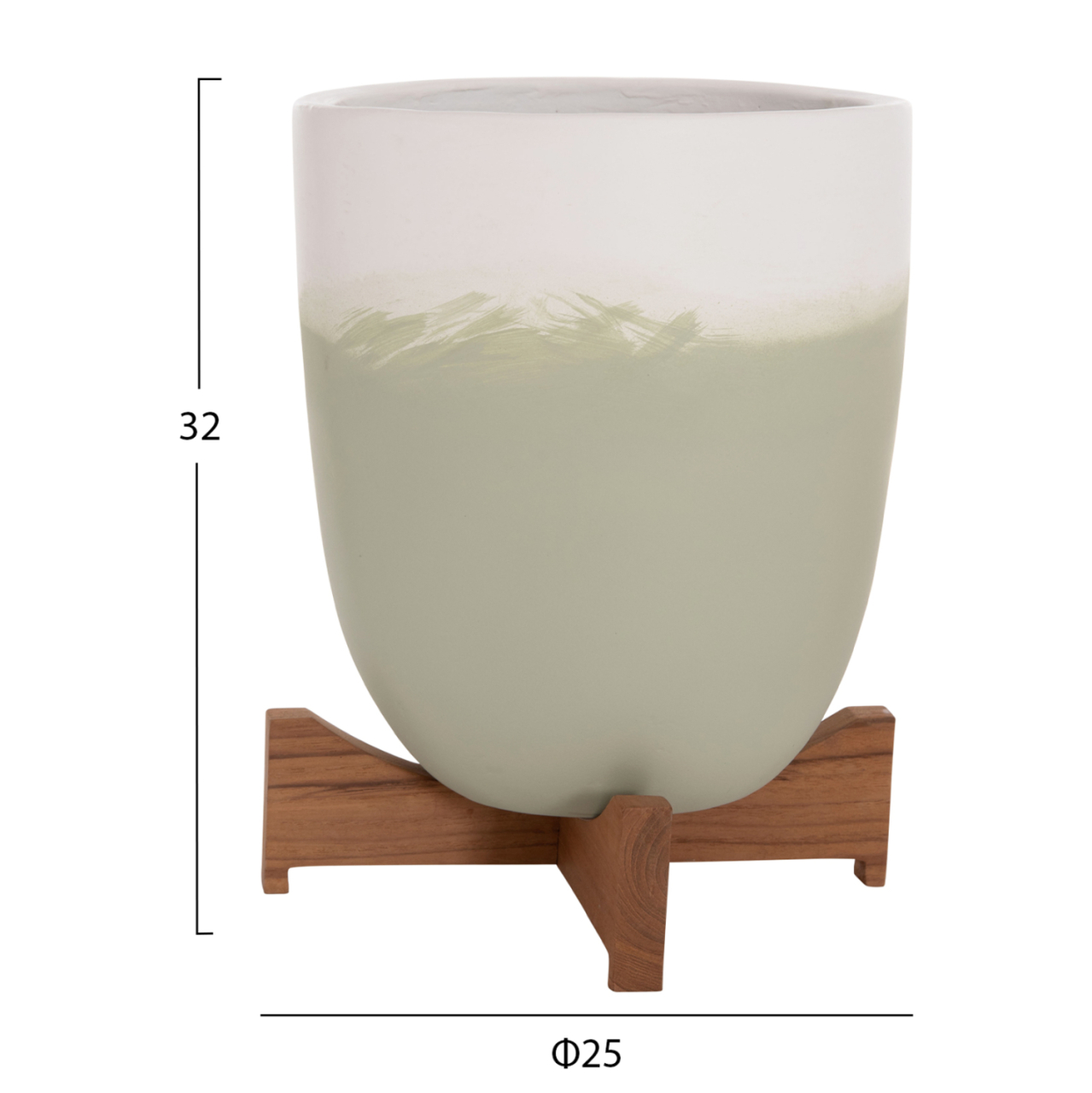 PLANTERS (POTS) 2PCS SET SEON HM4686.09 TERRACOTTA IN WHITE and GREEN--TEAK STANDS [2]