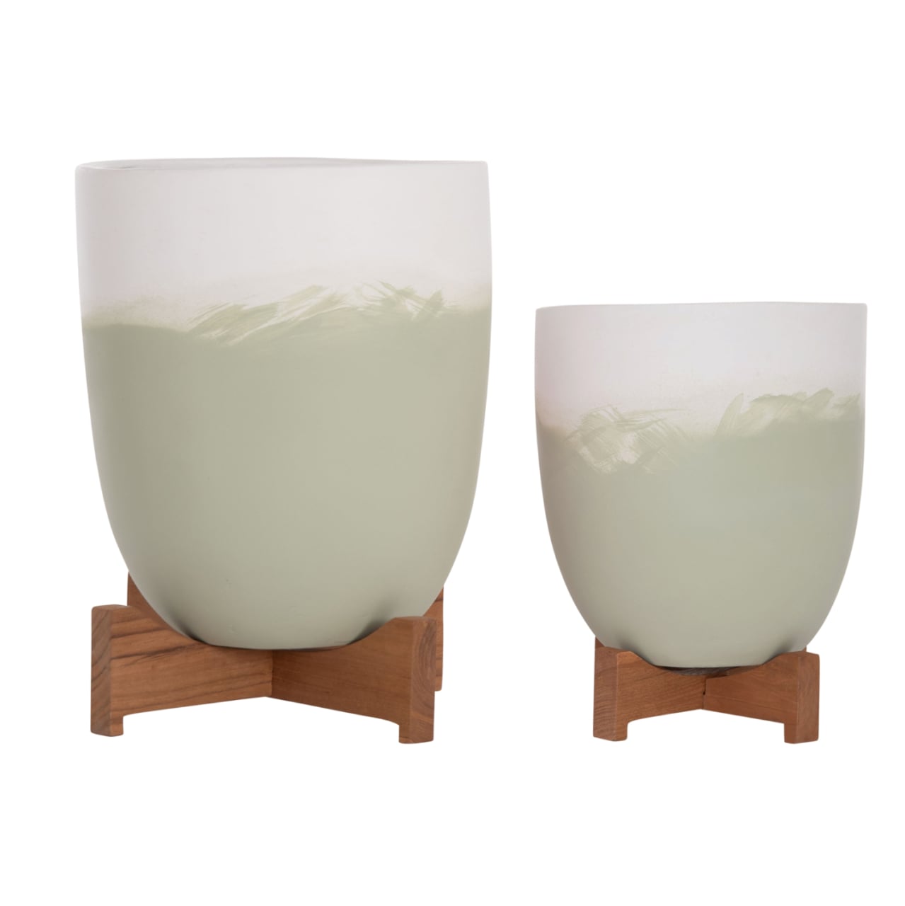 PLANTERS (POTS) 2PCS SET SEON HM4686.09 TERRACOTTA IN WHITE and GREEN--TEAK STANDS [4]
