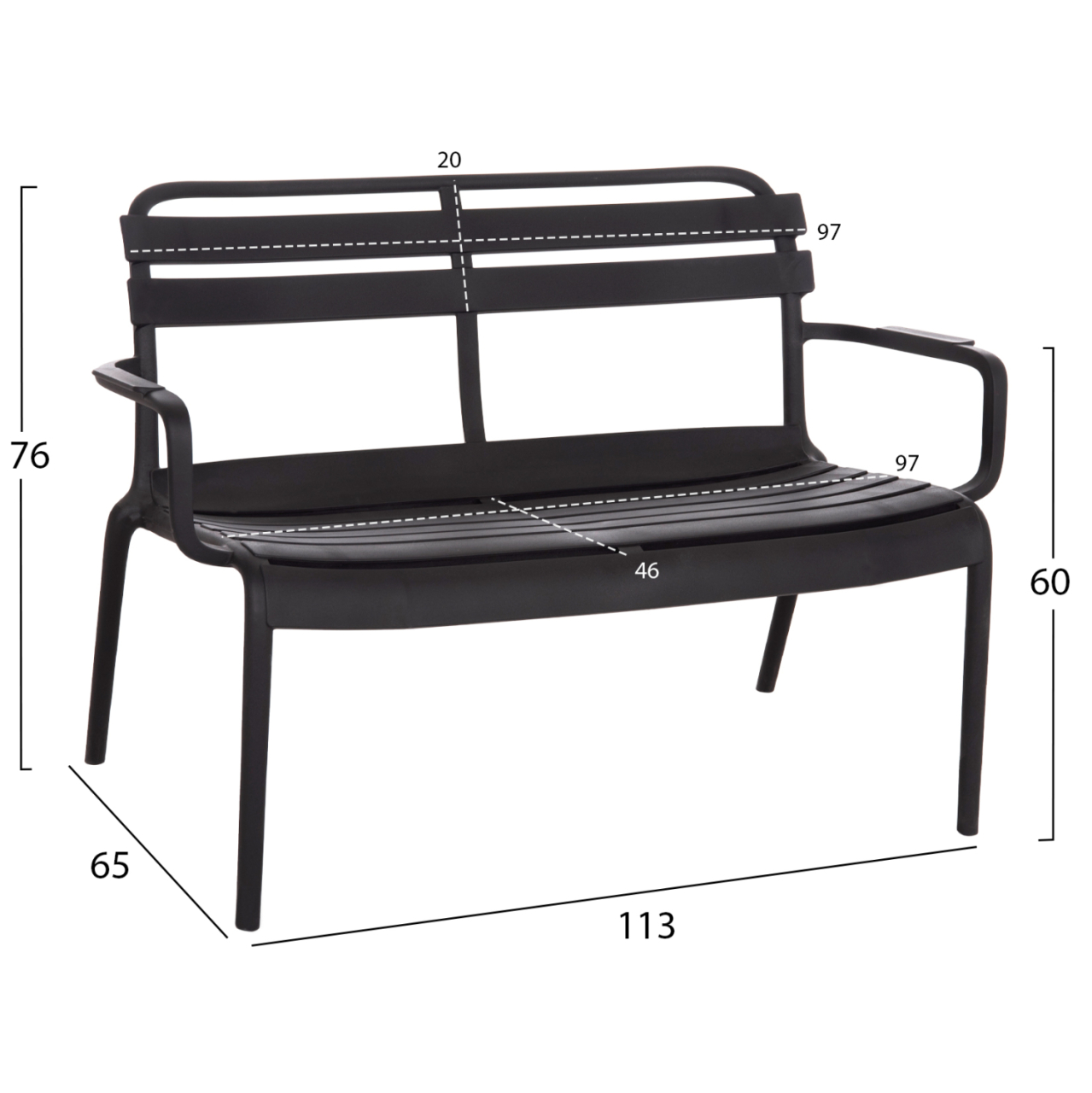 POLYPROPYLENE 2-SEATER BENCH KORVER HM6332.02 BLACK 113x65x76Hcm. [2]