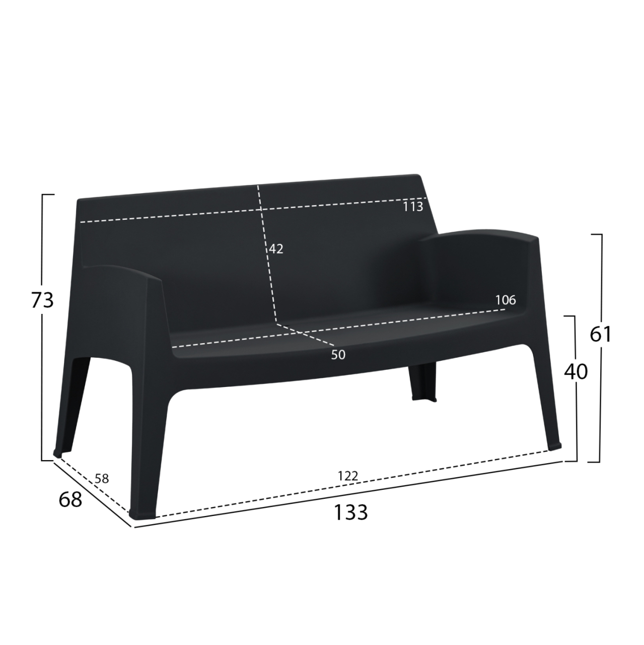 POLYPROPYLENE 2-SEATER SOFA SLEEK HM6366.02 BLACK COLOR 133x68x73Hcm. [2]