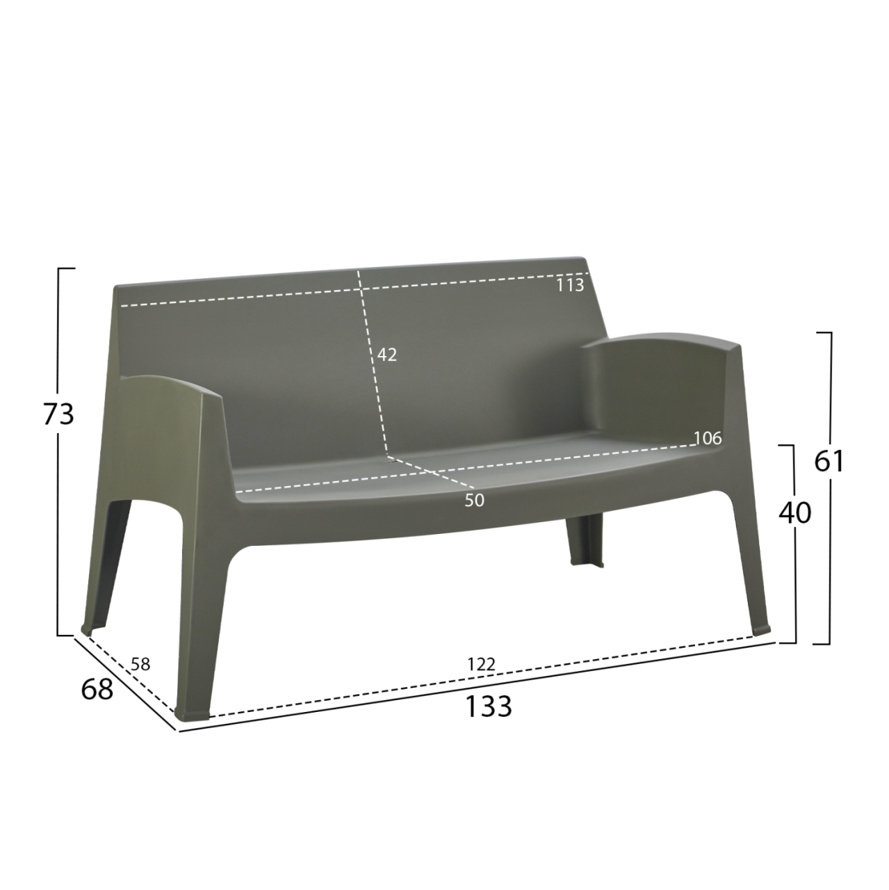 POLYPROPYLENE 2-SEATER SOFA SLEEK HM6366.05 DARK OLIVE COLOR 133x68x73Hcm. [2]