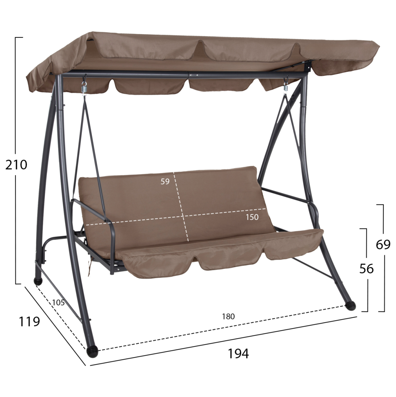 PORCH SWINGER-BED 3-SEATER LIKID HM5980.02 METAL FRAME IN GREY-FABRIC IN LIGHT BROWN 194x119x210Hcm. [2]