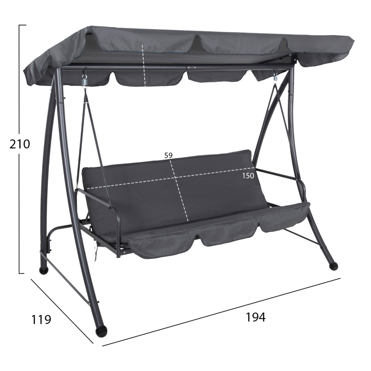 PORCH SWINGER-BED 3-SEATER WITH SUNSHIELD LIKID HM5980.01 METAL FRAMEandFABRIC IN GREY 194x119x210Hcm. [2]