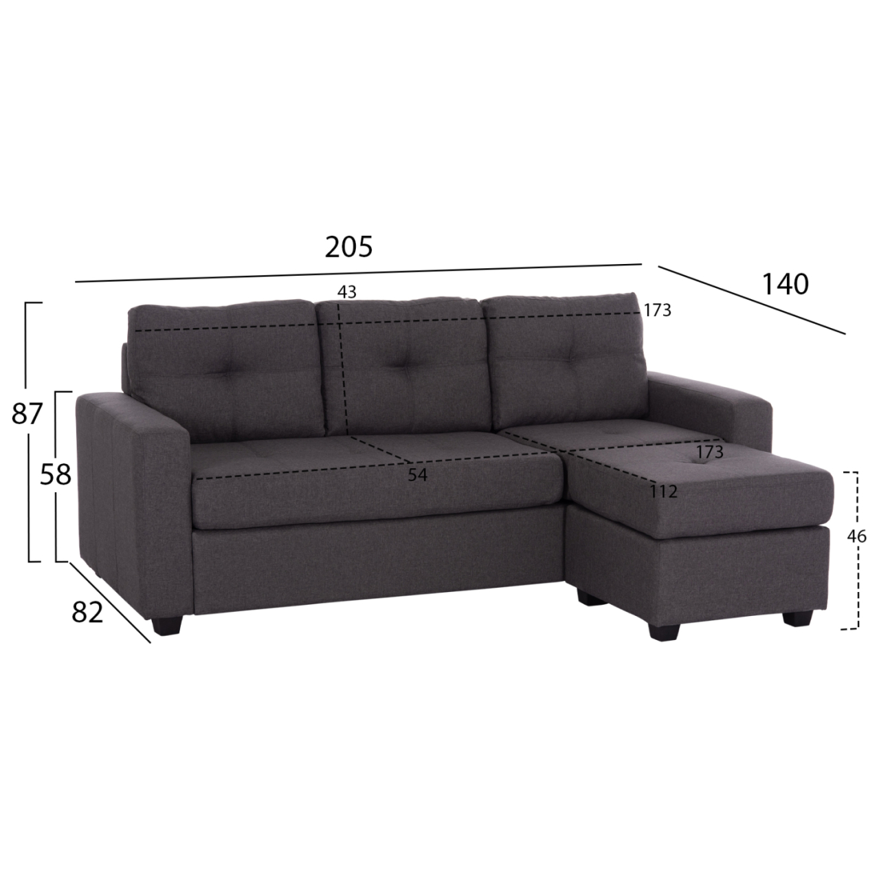 Reversible Corner Sofa PAGE HM3004.02 in Grey Fabric 205x82-140x87H cm. [2]