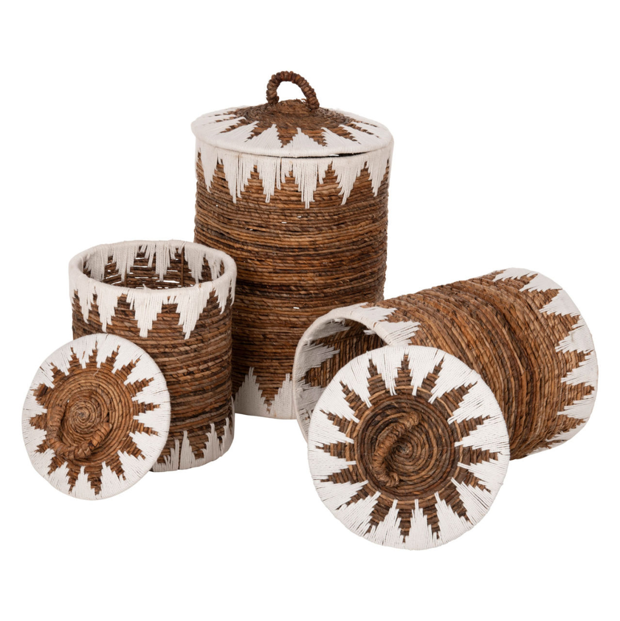 ROUND BASKETS WITH LID 3PCS HM4306 RUSH IN NATURAL-WHITE Φ42x63Hcm. [3]