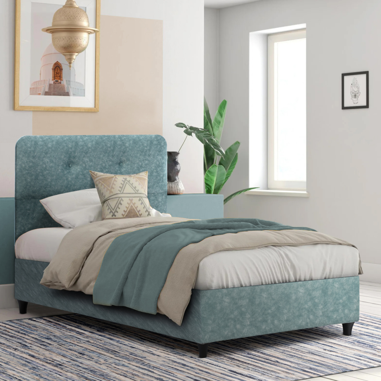 SEMI-DOUBLE BED WITH MATTRESS DOLORES HM10746.04 t.NUBUCK FABRIC IN LIGHT GREEN--FOR 120x200cm. [2]