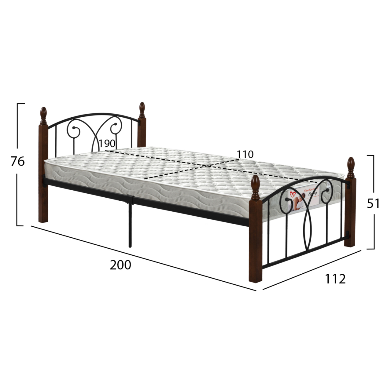 SEMI-DOUBLE BED WITH MATTRESS SUZIE HM21333 METAL and WOOD IN WALNUT--MATTRESS 110x190cm [3]