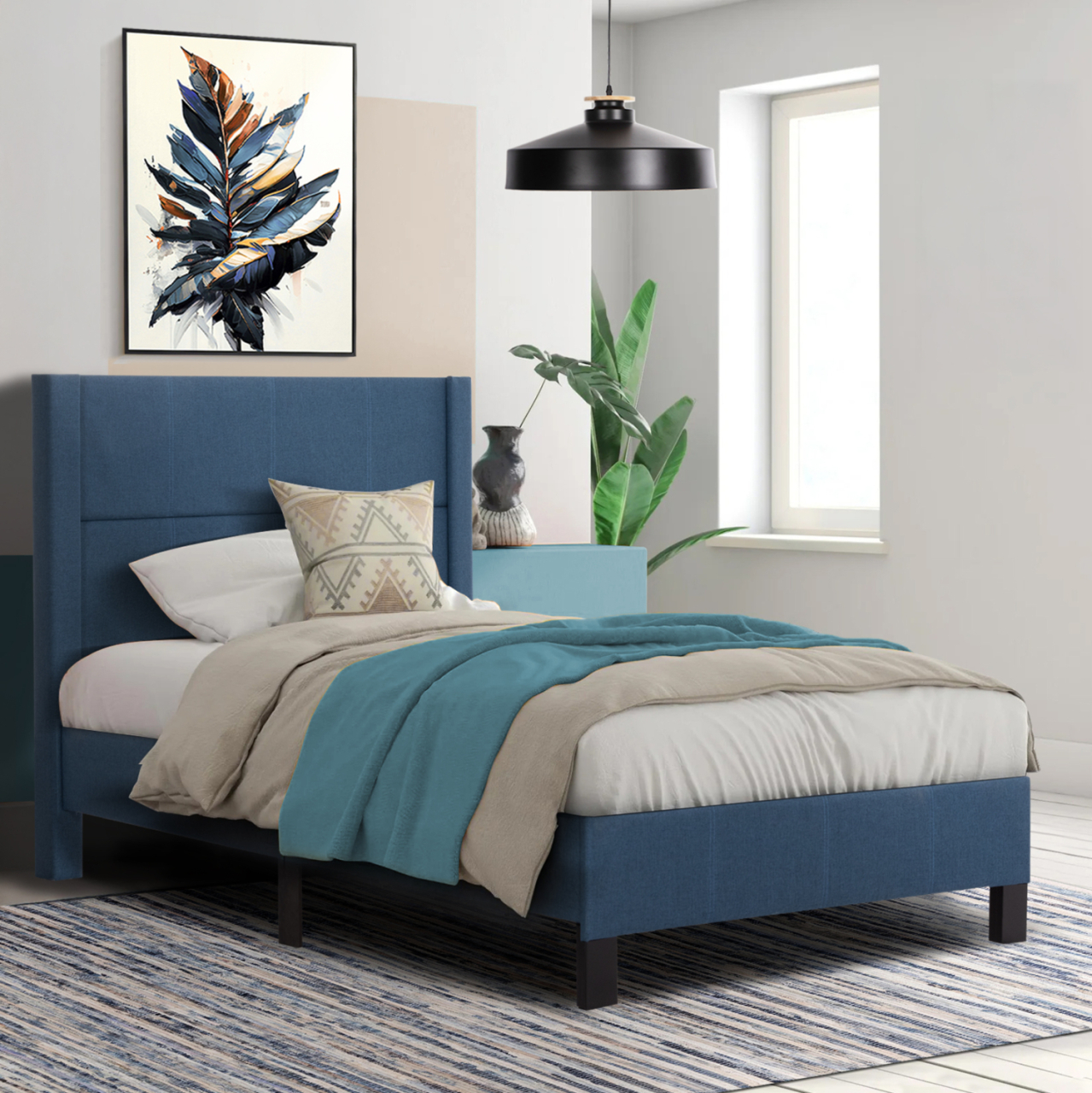 SEMI-DOUBLE BED WITH MATTRESS TRILLOP HM10757.02 BLUE FABRIC--FOR 120X200cm. [2]