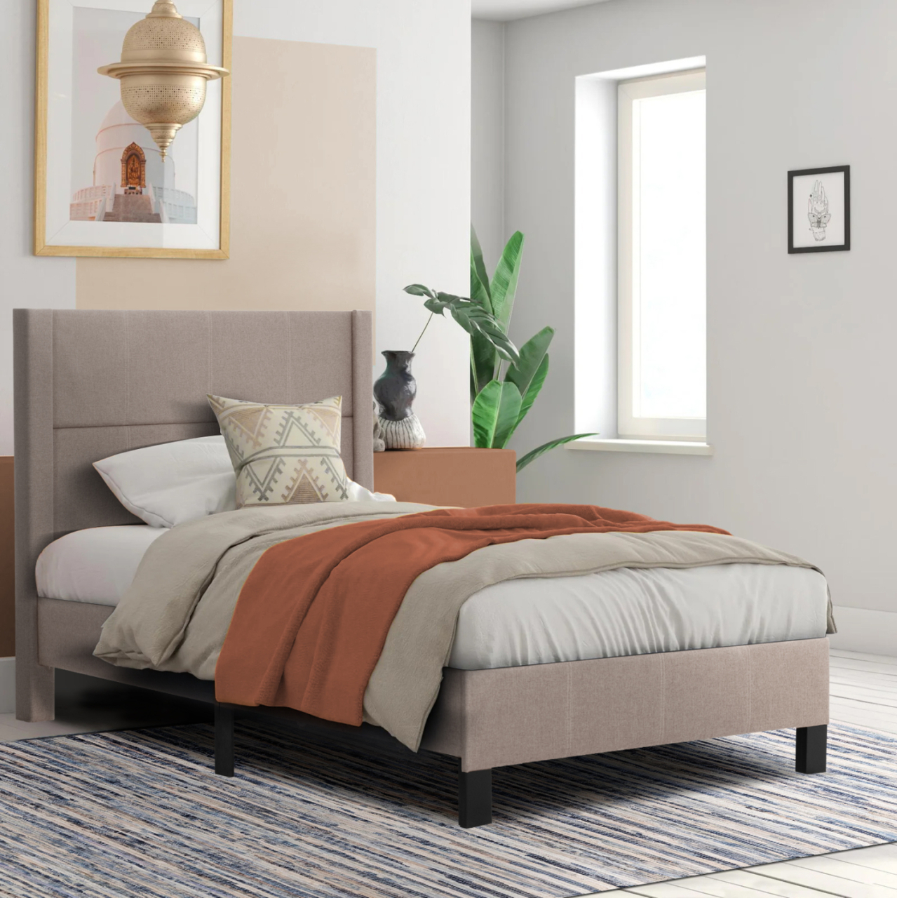SEMI-DOUBLE BED WITH MATTRESS TRILLOP HM10757.03 BEIGE FABRIC--FOR 120X200cm. [2]