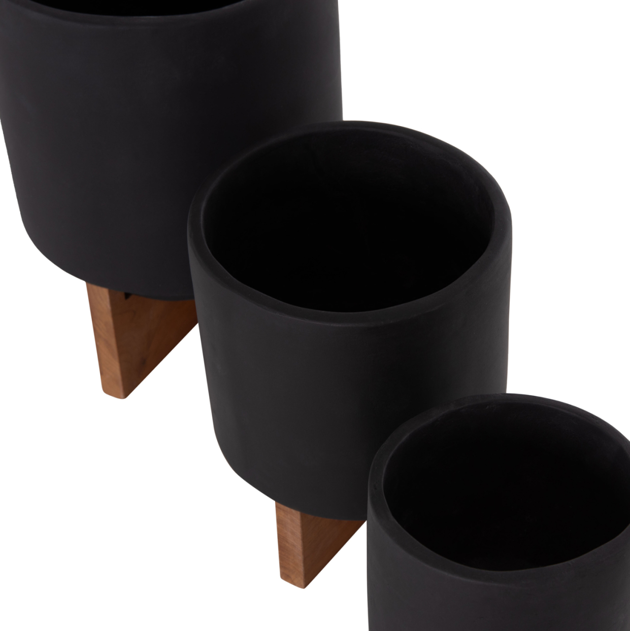 SET 3 POTS/VASES WITH TEAK BASES TANTI HM4685.01 FIBER CEMENT IN BLACK [7]