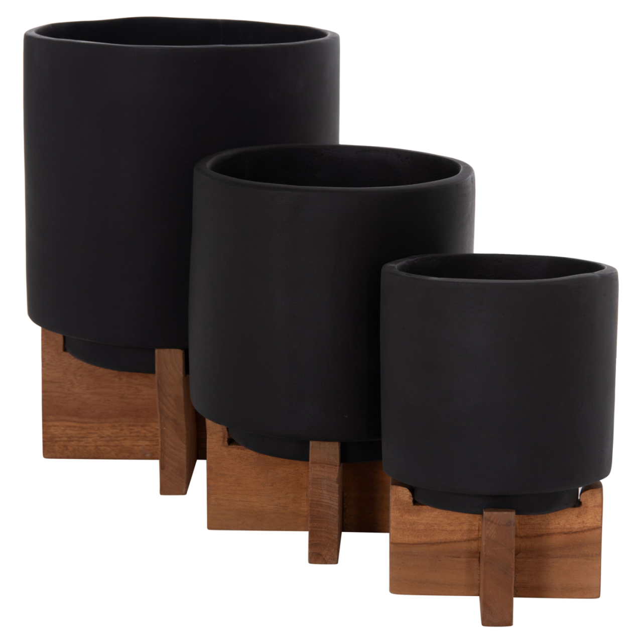 SET 3 POTS/VASES WITH TEAK BASES TANTI HM4685.01 FIBER CEMENT IN BLACK [5]