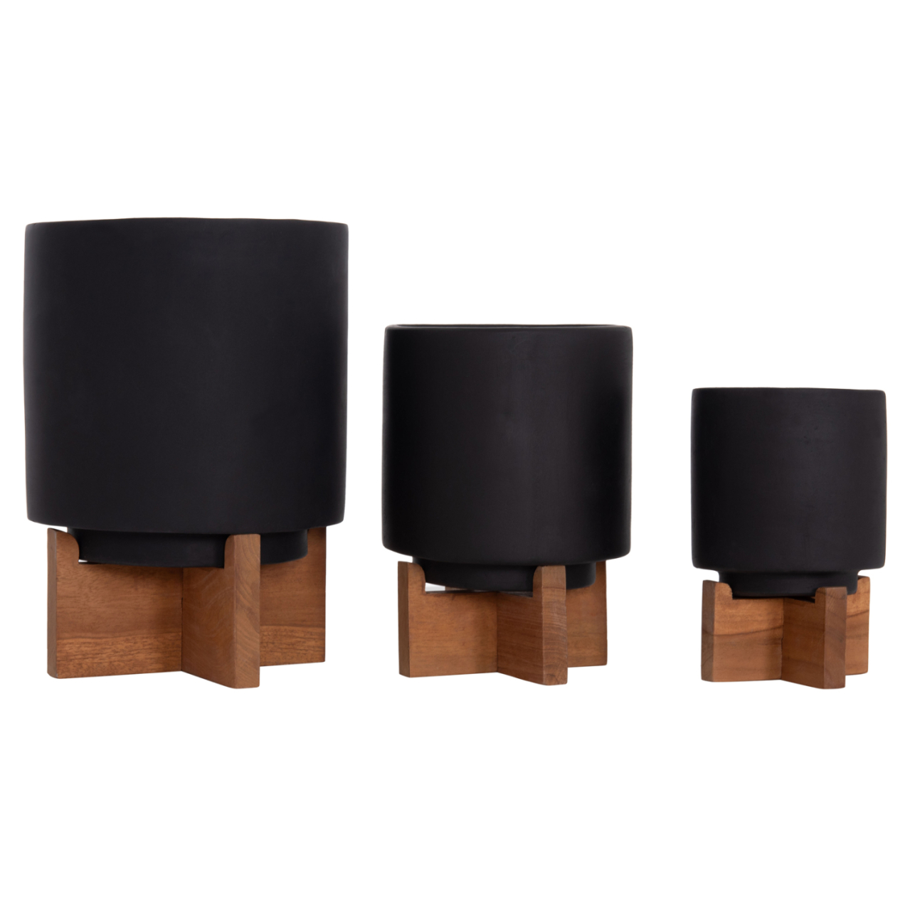 SET 3 POTS/VASES WITH TEAK BASES TANTI HM4685.01 FIBER CEMENT IN BLACK [6]