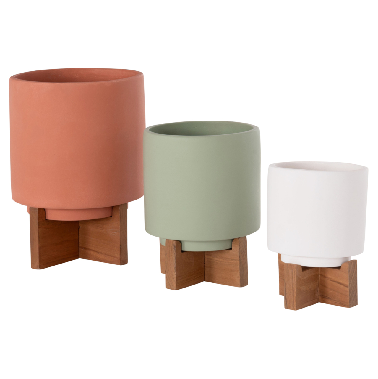 SET 3 POTS/VASES WITH TEAK BASES TANTI HM4685 FIBER CEMENT IN 3 COLORS [6]