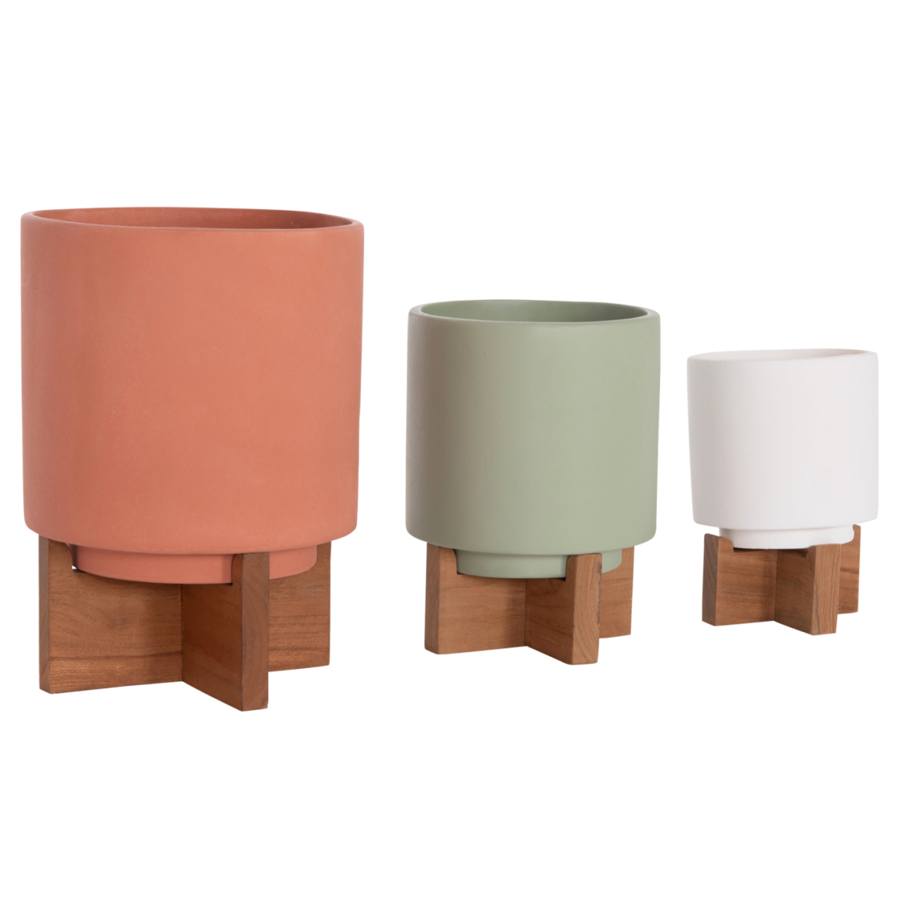 SET 3 POTS/VASES WITH TEAK BASES TANTI HM4685 FIBER CEMENT IN 3 COLORS [5]