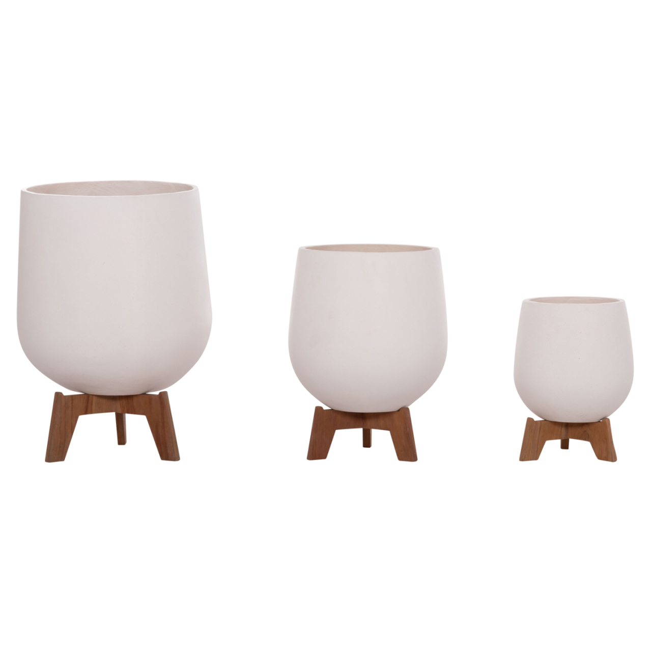 SET 3 POTS/VASES WITH TEAK BASES TRYLL HM4681.02 FIBER CEMENT IN WHITE [5]