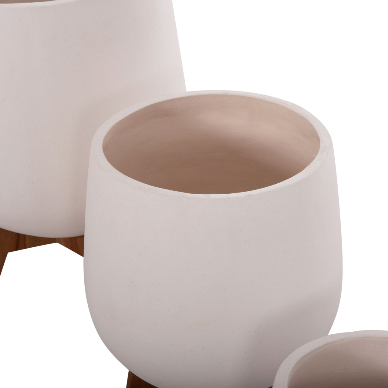 SET 3 POTS/VASES WITH TEAK BASES TRYLL HM4681.02 FIBER CEMENT IN WHITE [7]