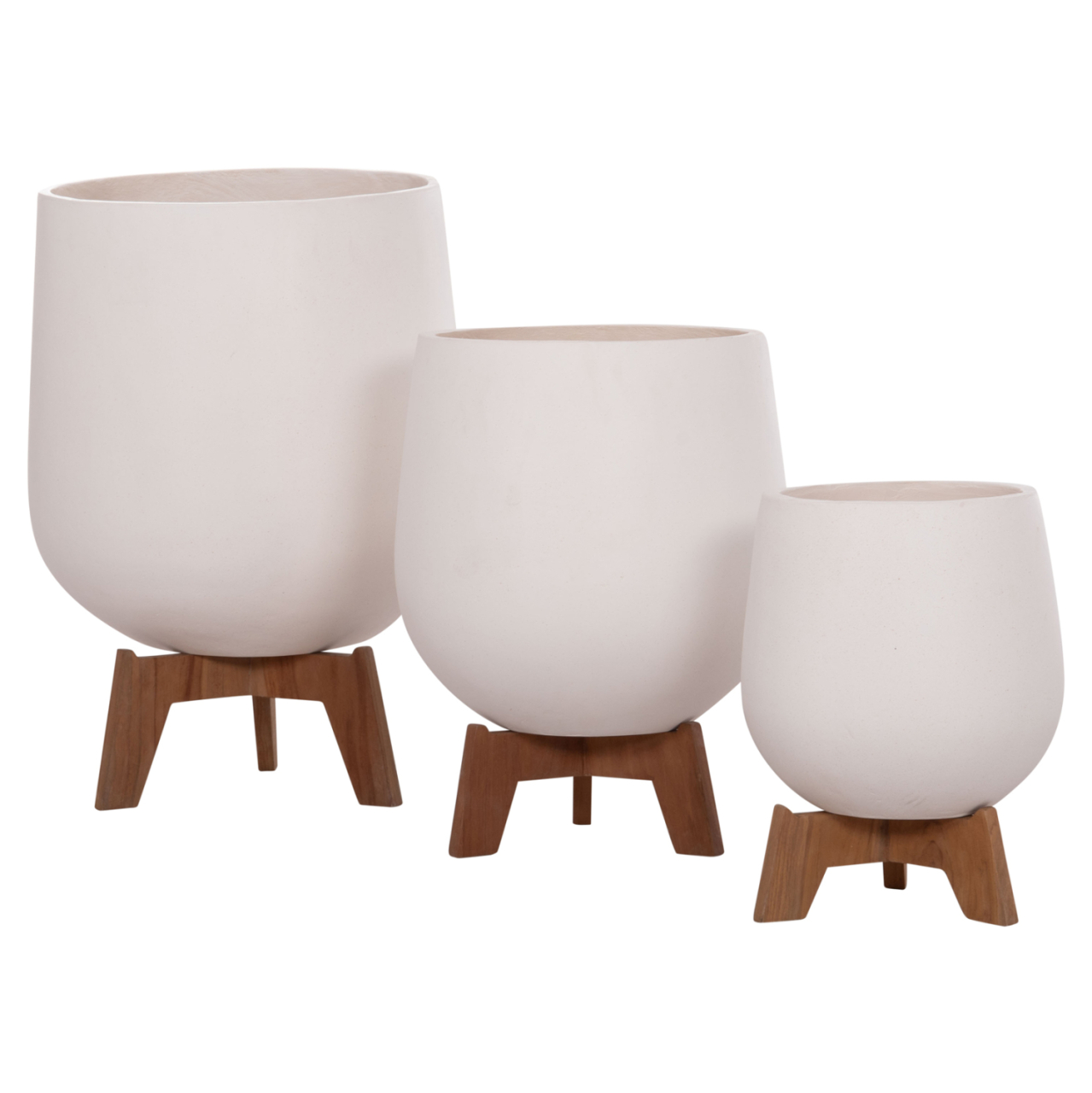SET 3 POTS/VASES WITH TEAK BASES TRYLL HM4681.02 FIBER CEMENT IN WHITE [6]