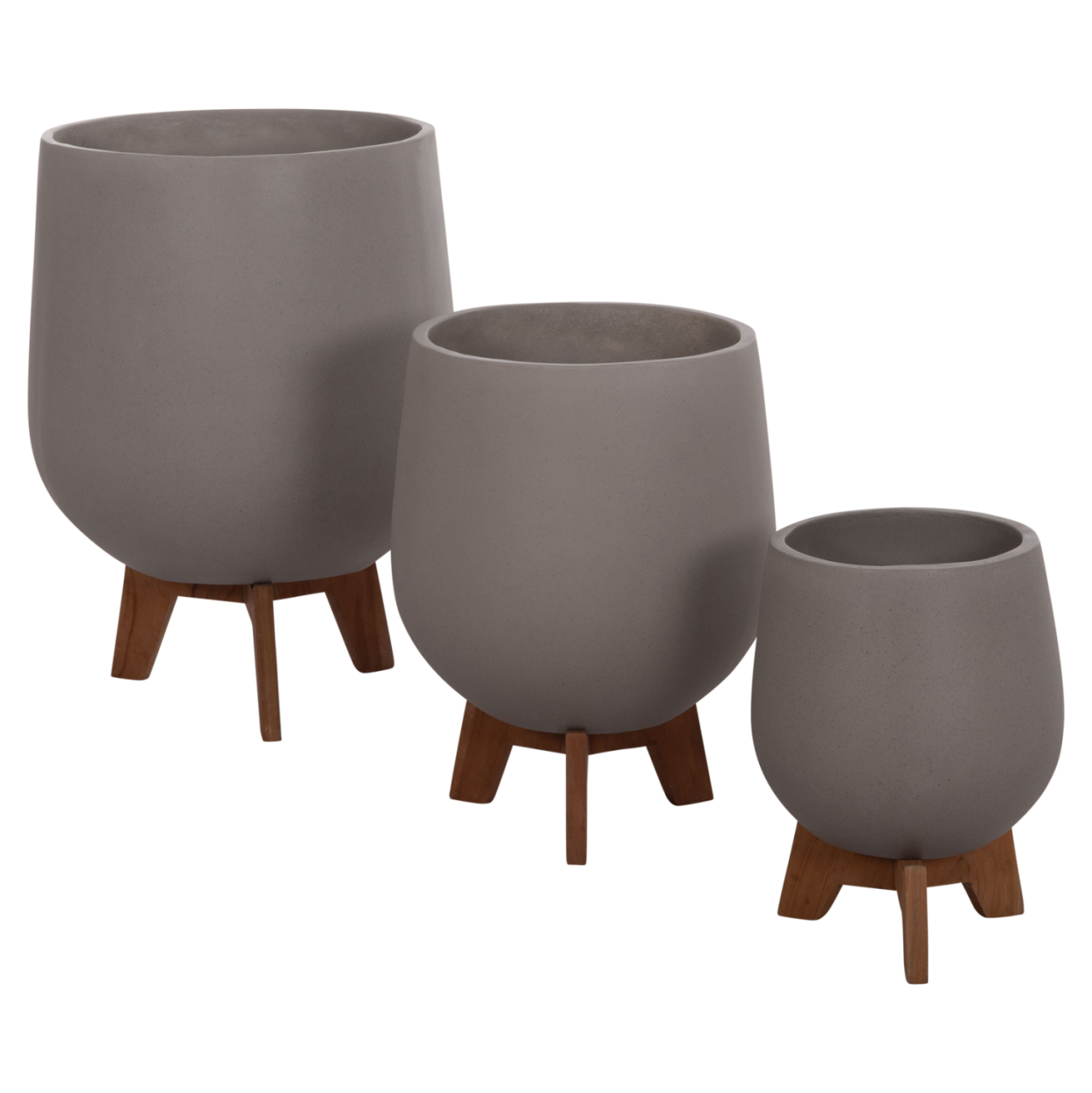 SET 3 POTS/VASES WITH TEAK BASES TRYLL HM4681.03 FIBER CEMENT IN GREY [6]