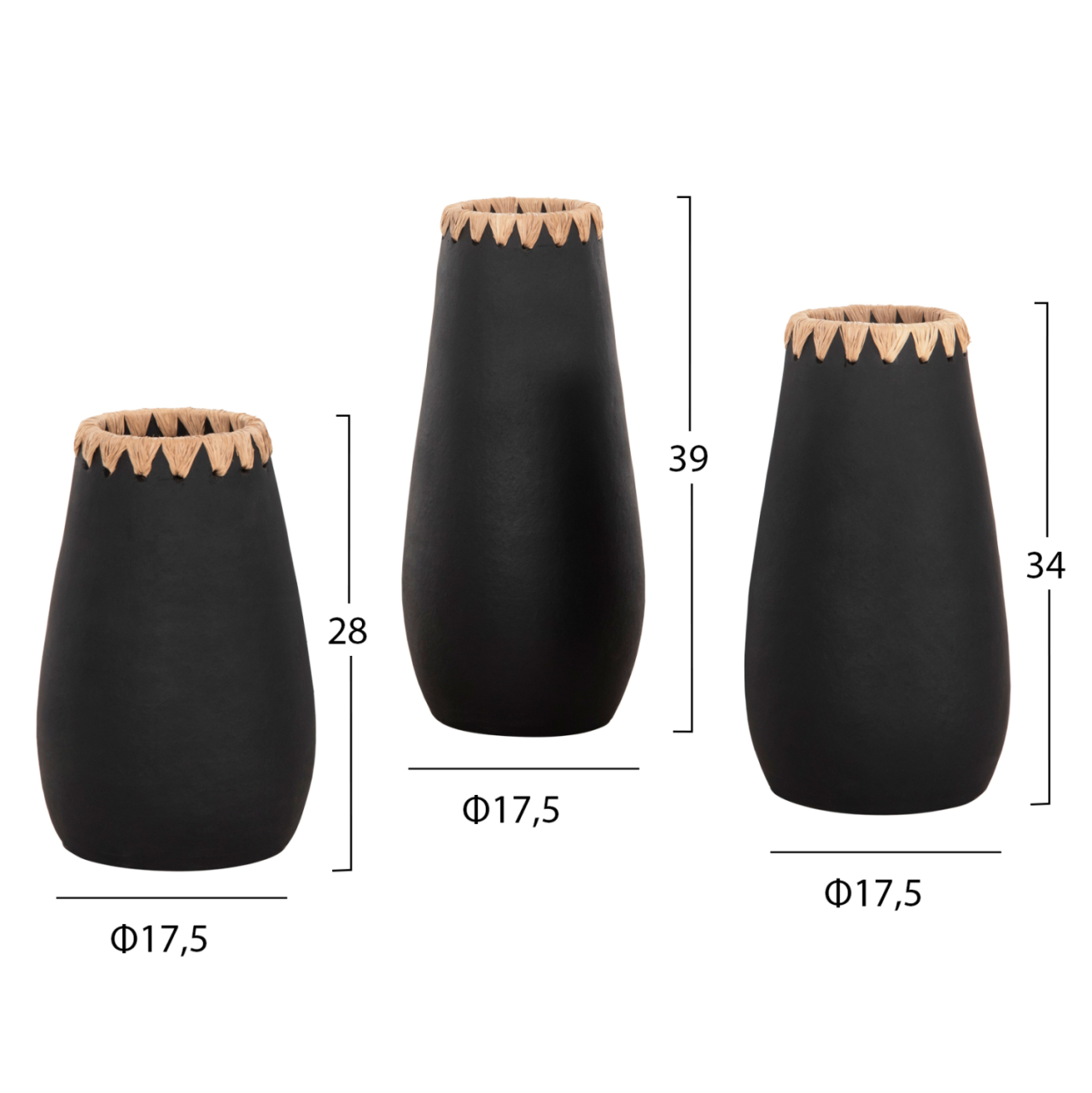 SET 3PCS DECORATIVE VASES HM4372 TERRACOTTA IN BLACK WITH STRAW WEAVING ON THE RIM [2]