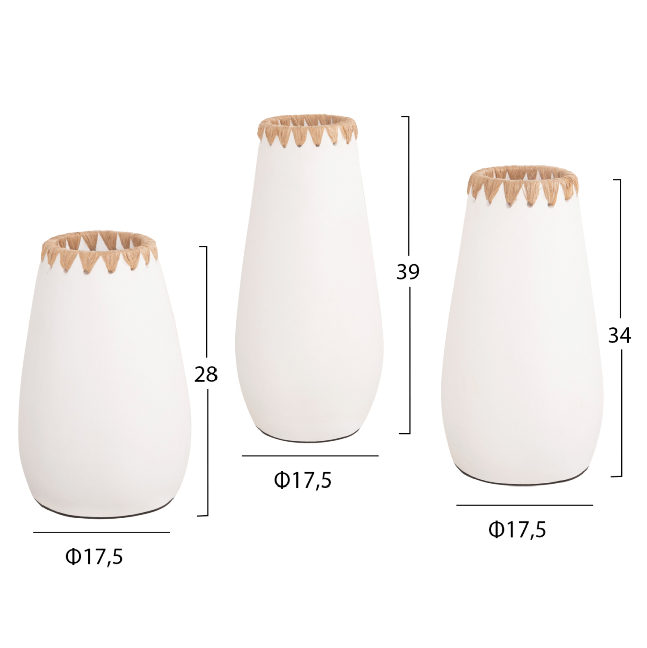 SET 3PCS DECORATIVE VASES HM4373 TERRACOTTA IN WHITE WITH STRAW WEAVING ON THE RIM [2]