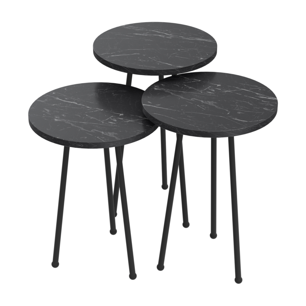 SET OF 3 ROUND SIDE TABLES KISSA HM18174.02 MELAMINE IN BLACK MARBLE COLOR-BLACK METAL LEGS [2]