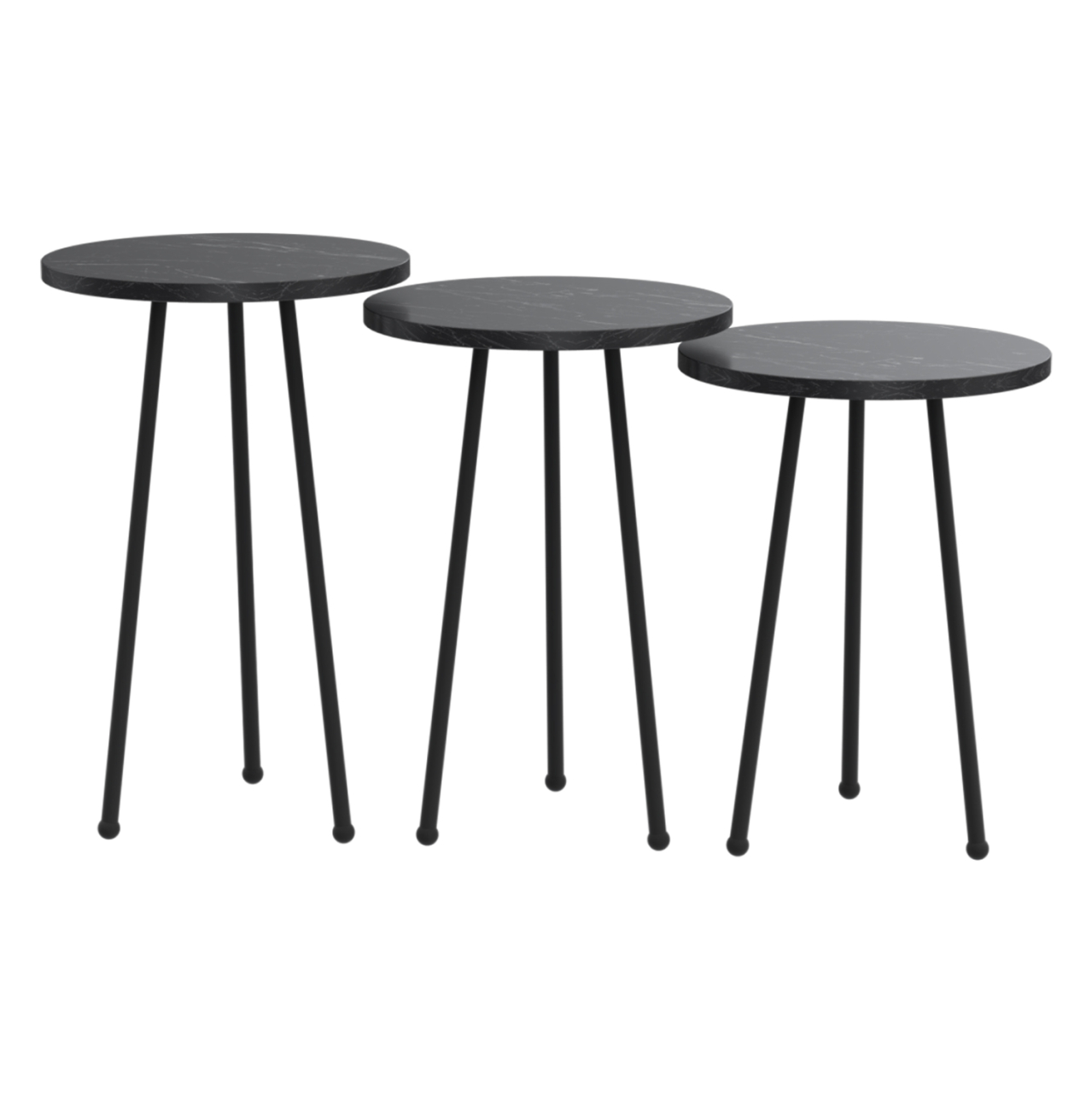 SET OF 3 ROUND SIDE TABLES KISSA HM18174.02 MELAMINE IN BLACK MARBLE COLOR-BLACK METAL LEGS [3]