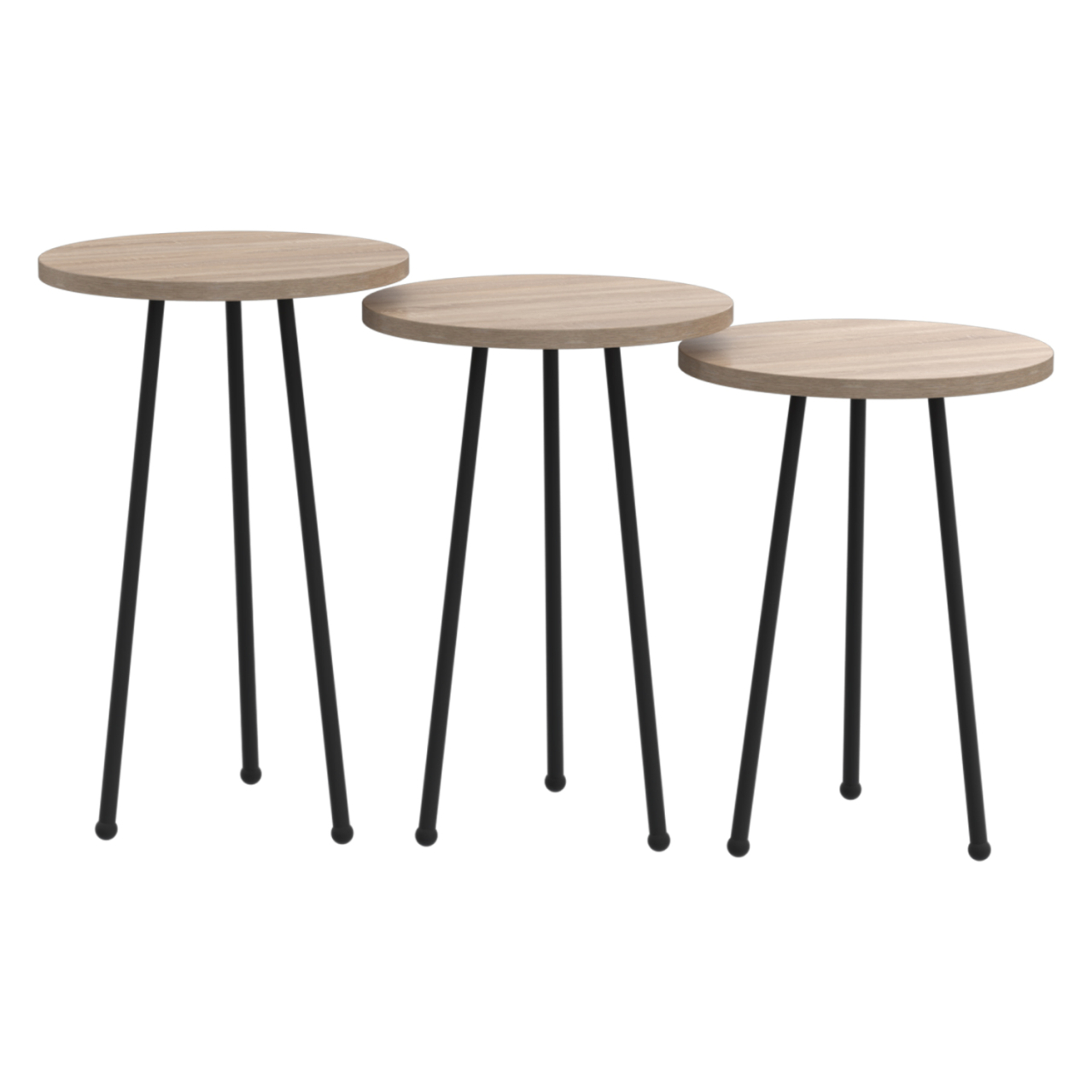 SET OF 3 ROUND SIDE TABLES KISSA HM18174.03 MELAMINE IN SONAMA COLOR-BLACK METAL LEGS [3]