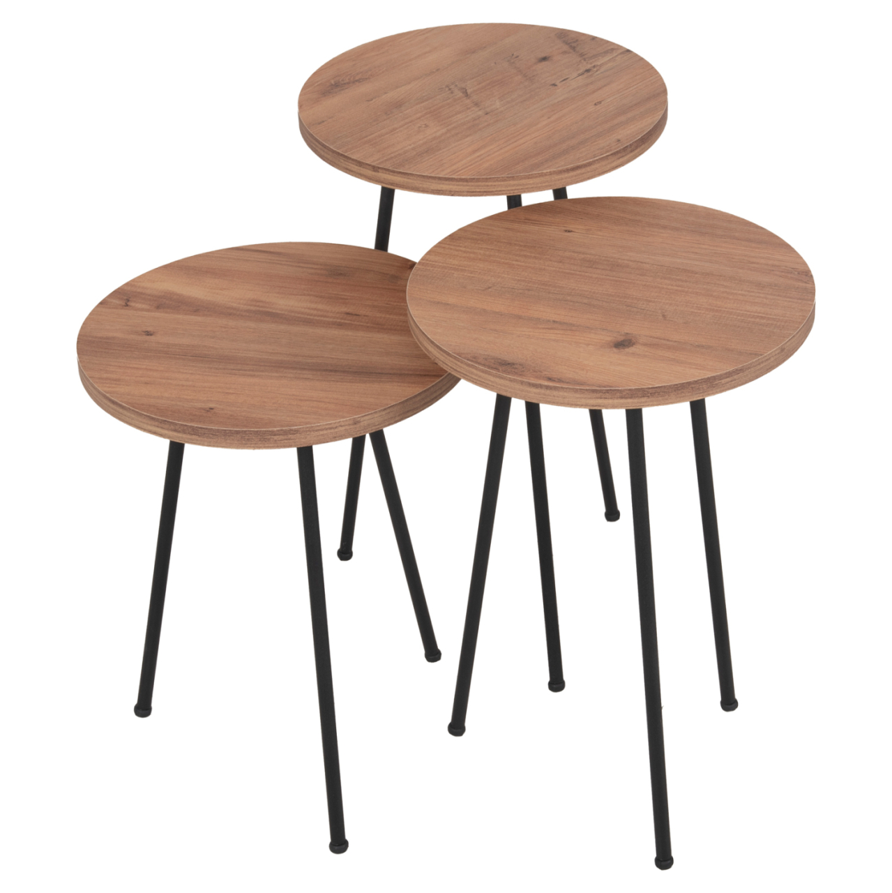 SET OF 3 ROUND SIDE TABLES KISSA HM18174.04 MELAMINE IN NATURAL WOOD COLOR-BLACK METAL LEGS [3]