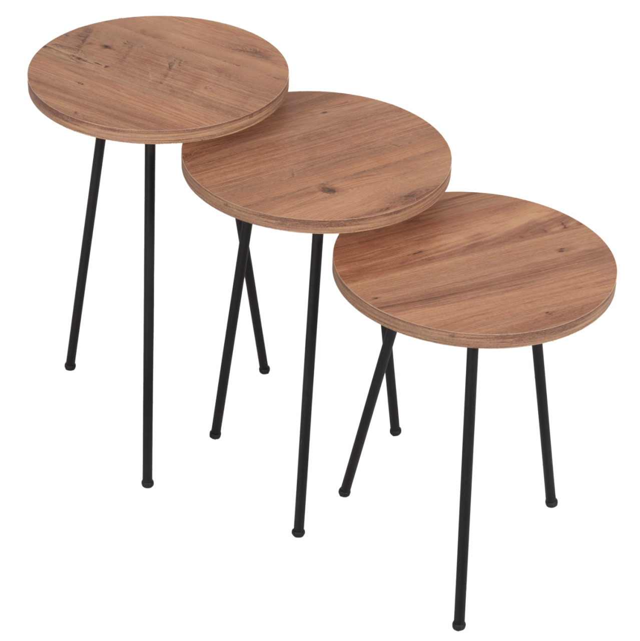 SET OF 3 ROUND SIDE TABLES KISSA HM18174.04 MELAMINE IN NATURAL WOOD COLOR-BLACK METAL LEGS [4]
